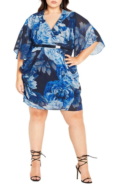 City Chic Floral Print Belted Faux Wrap Dress In Navy Night Bloom