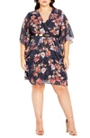 City Chic Floral Print Belted Faux Wrap Dress In Navy Night Bouquet