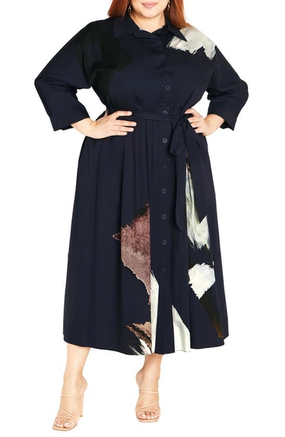 City Chic Angel Belted Cotton Shirtdress In Navy Modern Muse
