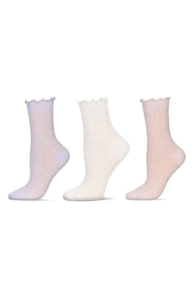 Memoi Pointelle Assorted 3-pack Crew Socks In White-pink-gray