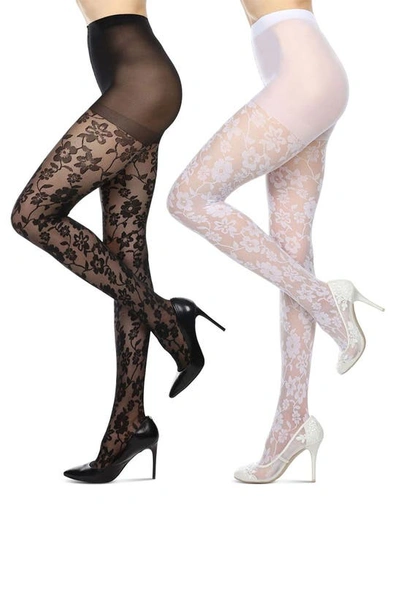 Memoi Floral Assorted 2-pack Sheer Tights In Black-white