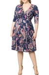 Kiyonna Signature A-line Wrap Dress In Navy Paisley Print