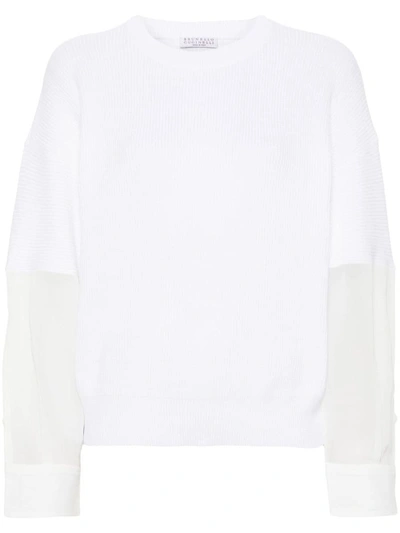 Brunello Cucinelli Organza-paneled Ribbed Cotton Sweater In White