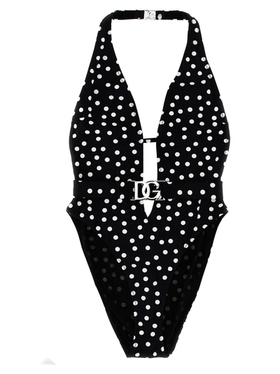 Dolce & Gabbana Logo Polka Dot One-piece Swimsuit Beachwear White/black