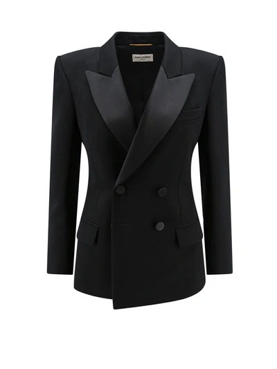 Saint Laurent Wool Smoking Blazer With Satin Profiles In Black