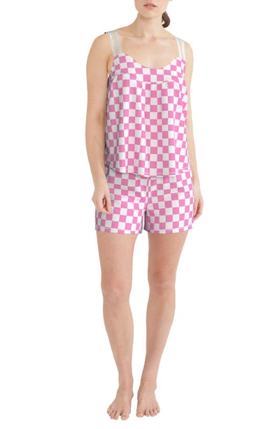 Kensie Lace Strap Boxer Pajamas In Pink Check