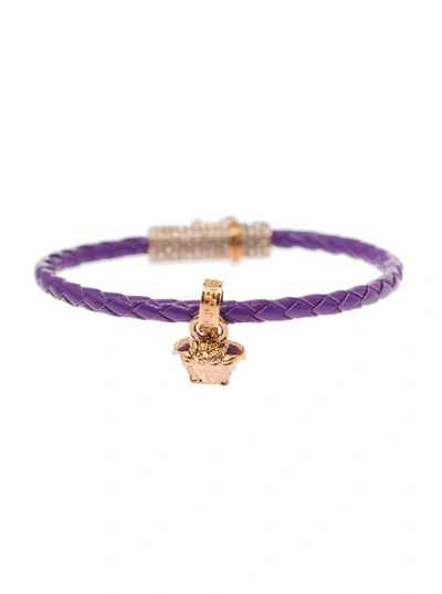Versace Medusa Plaque Detail Bracelt In Gold-tone Brass And Purple Leather Woman In Violet