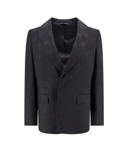Dolce & Gabbana Wool Blazer With All-over Monogram In Black