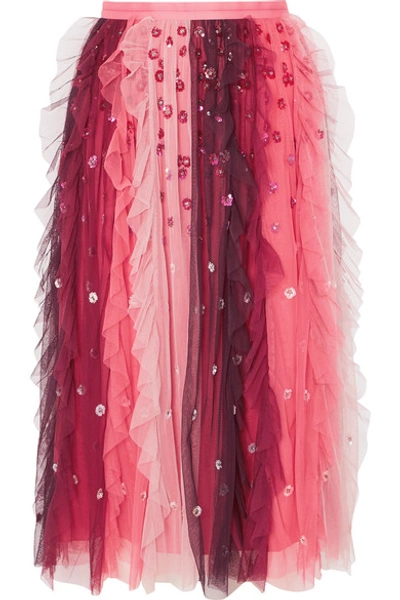 Needle & Thread Rainbow Embellished Tulle Midi Skirt In Burgundy