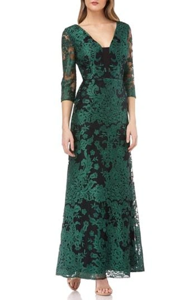 Js Collections Embroidered Lace Gown In Green/ Black