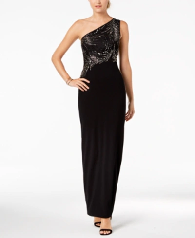 Adrianna Papell One-shoulder Beaded Bodice Gown In Black/mercury
