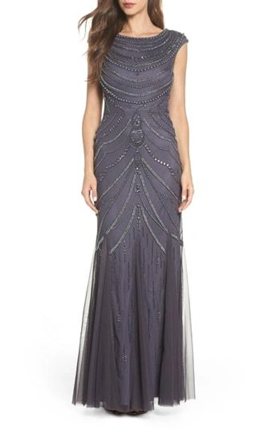 Adrianna Papell Beaded Trumpet Gown In Gunmetal