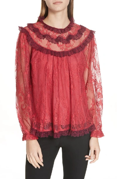Needle & Thread Scallop Frill Lace Long-sleeve Top, Red In Dark Cherry