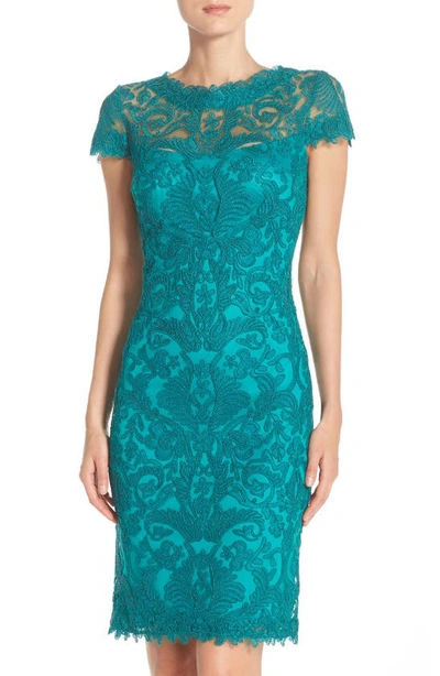 Tadashi Shoji Illusion Yoke Lace Sheath Dress In Aqua