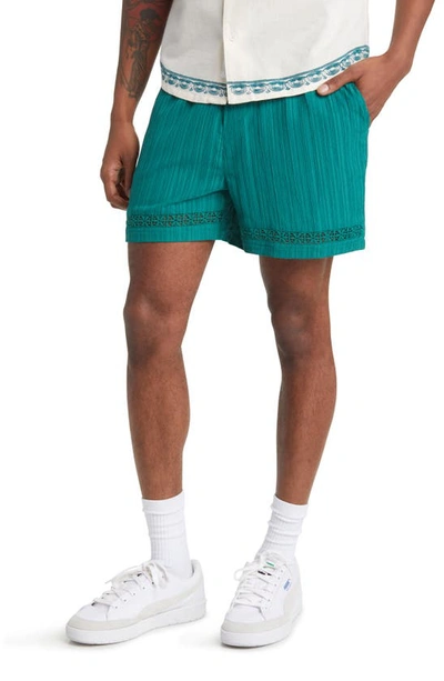 Native Youth Rib Textured Seersucker Shorts In Teal Green