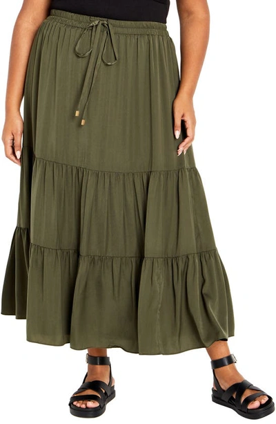 City Chic Tiered Maxi Skirt In Khaki