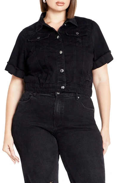 City Chic Ariadne Short Sleeve Denim Jacket In Black