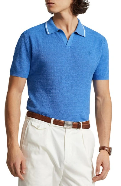 Polo Ralph Lauren Tipped Cotton & Linen Johnny Collar Polo In New England Blue