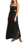 Sea Level Smocked Bodice Cotton Seersucker Cover-up Dress In Black