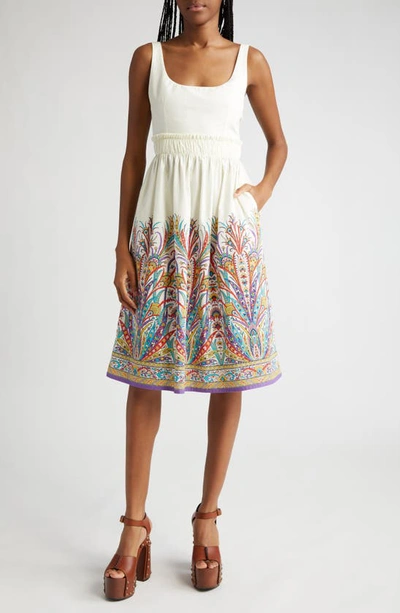 Etro Placed Paisley Print Tie Back Cotton Sundress In Print On White Base
