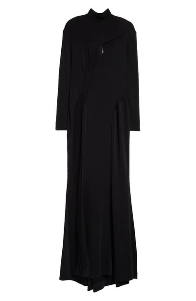Mugler Asymmetric Illusion Inset Long Sleeve Stretch Crepe Gown In Black