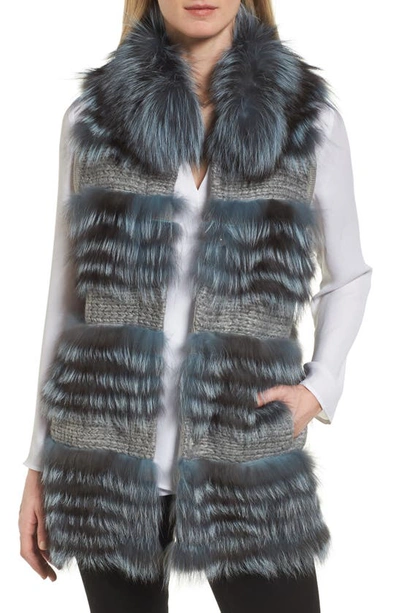 Diane Von Furstenberg Knit Waistcoat With Genuine Fox Fur Trim In Smoke Blue
