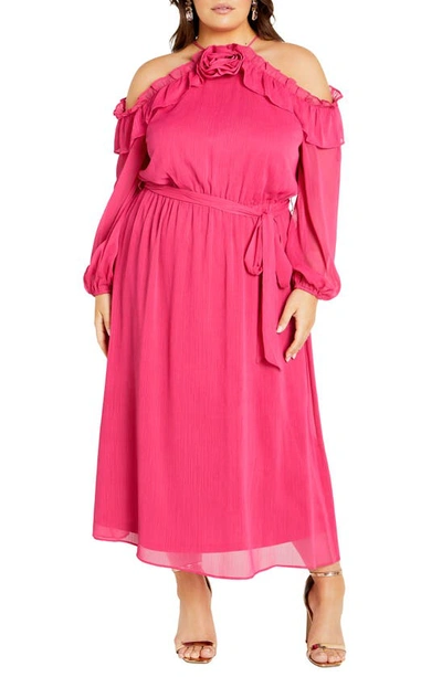 City Chic Nikita Rosette Tie Waist Cold Shoulder Long Sleeve Chiffon Midi Dress In Vibrant Pink