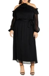City Chic Nikita Rosette Tie Waist Cold Shoulder Long Sleeve Chiffon Midi Dress In Black