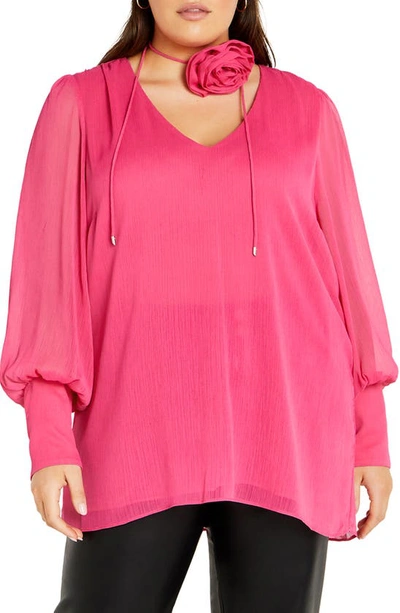 City Chic V-neck Top With Floral Accent Tie In Vibrant Pink