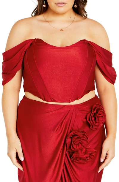 City Chic Fleur Off The Shoulder Crop Top In Cherry