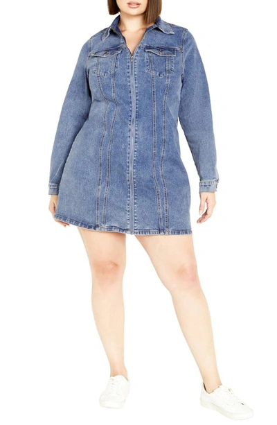 City Chic Oaklyn Long Sleeve Denim Dress In Mid Denim