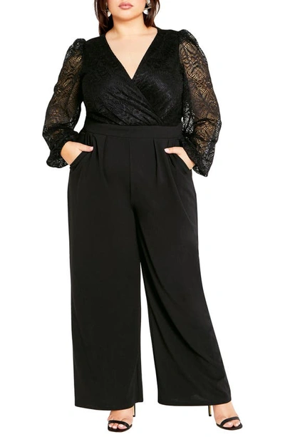 City Chic Katalina Long Sleeve Lace Bodice Jumpsuit In Black
