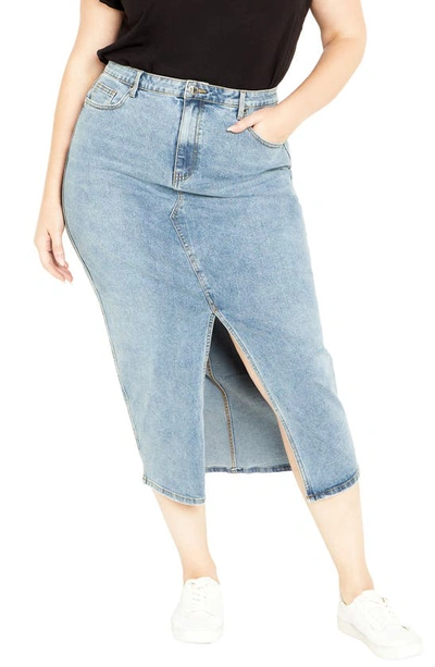 City Chic Oaklyn Front Slit Midi Denim Skirt In Mid Denim