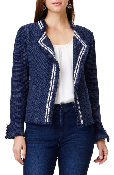 Nic + Zoe Ribbon Trim Fringe Mix Knit Jacket In Dark Indigo