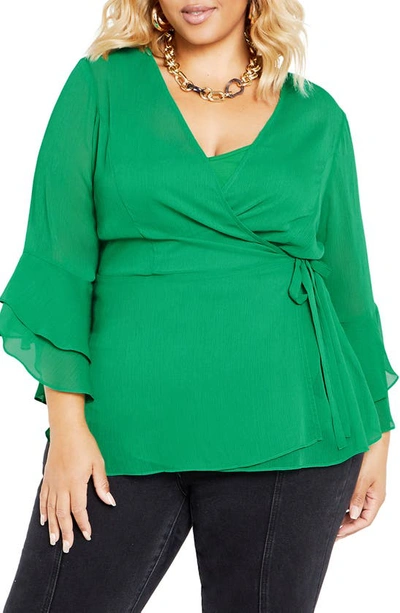 City Chic Charlie Trumpet Sleeve Faux Wrap Top In Jelly Bean Green