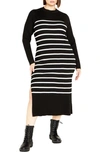 City Chic Maddie Stripe Long Sleeve Rib Dress In Black/ White Stripe