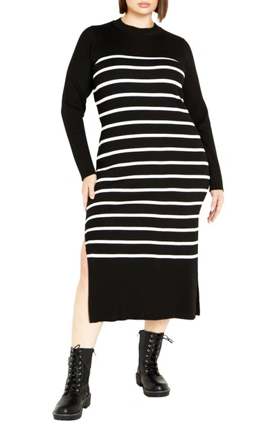 City Chic Maddie Stripe Long Sleeve Rib Dress In Black/ White Stripe