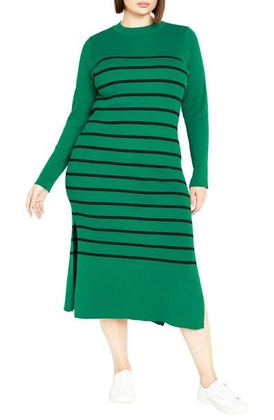 City Chic Maddie Stripe Long Sleeve Rib Dress In Green/ Black Stripe