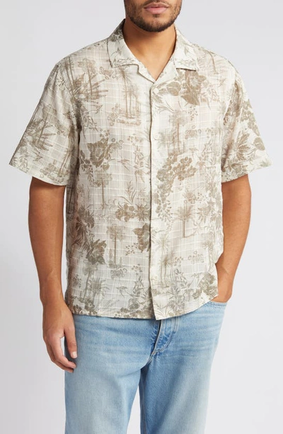 Wax London Palm Floral Print Short Sleeve Cotton Button-up Shirt In Khaki