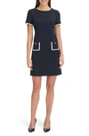 Tommy Hilfiger Short Sleeve Scuba Crepe Contrast Trim Dress In Sky Captain/ Ivory