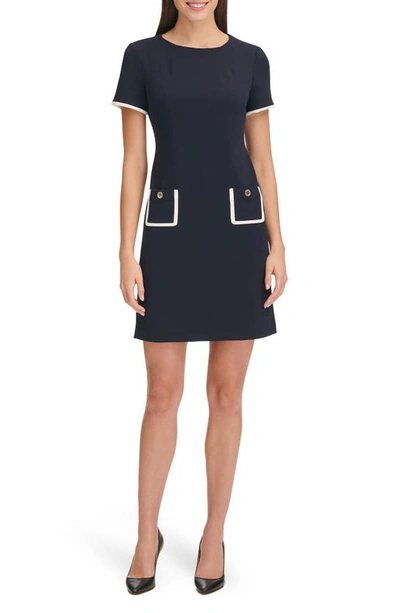 Tommy Hilfiger Short Sleeve Scuba Crepe Contrast Trim Dress In Sky Captain/ Ivory