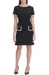 Tommy Hilfiger Short Sleeve Scuba Crepe Contrast Trim Dress In Black/ Ivory