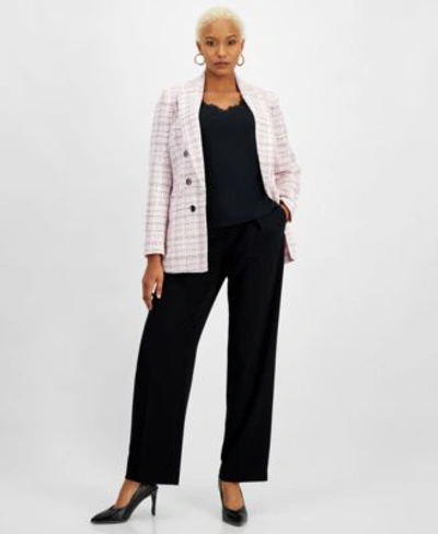 Bar Iii Womens Tweed Open Front Blazer Lace Trim Tank Pleated Trousers Created For Macys In Black