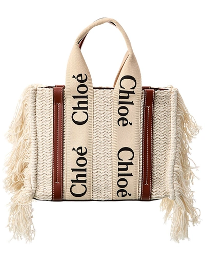 Chloé Woody Small Leather-trim Tote (authentic ) In White