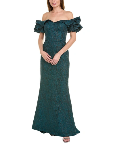 Teri Jon By Rickie Freeman Metallic Jacquard Gown In Green