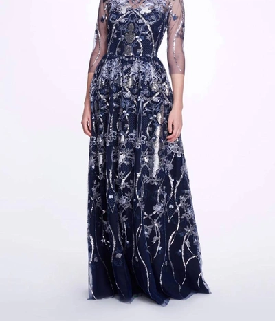 Marchesa Embroidered-tulle Boatneck Gown In Navy In Blue