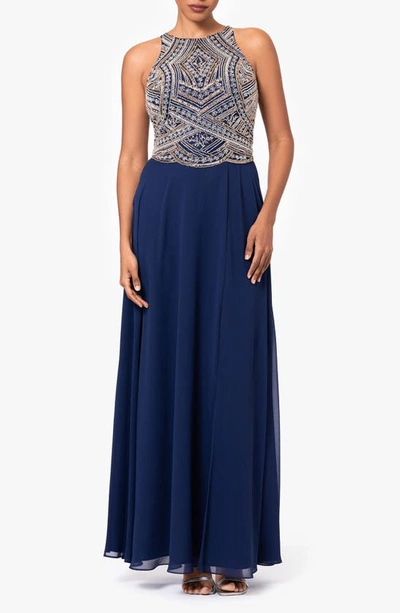 Betsy & Adam Beaded Bodice Sleeveless Gown In Navy,silver,copper
