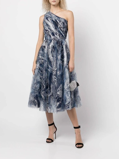 Marchesa One-shoulder Tulle Tea-length Gown In Navy In Blue