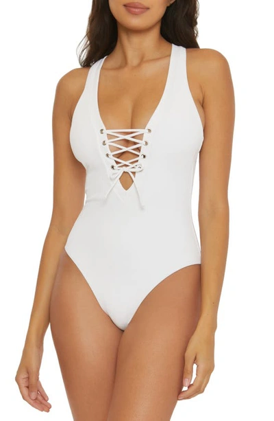 Becca Modern Edge Ribbed Lace-up Plunge One-piece Swimsuit In White