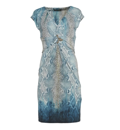 Roberto Cavalli Snakeskin Printed Embellished Dress In Blue